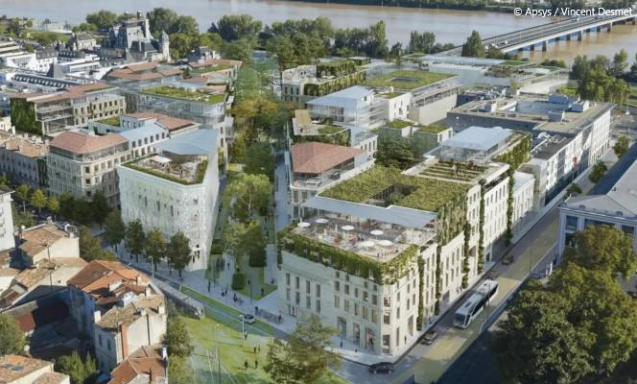 Vue aérienne d'un quartier urbain avec des bâtiments modernes et des toits végétalisés.