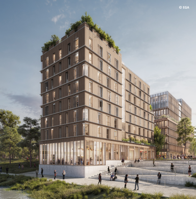 Nouvelle architecture urbaine durable avec bâtiments modernes et espaces verts.