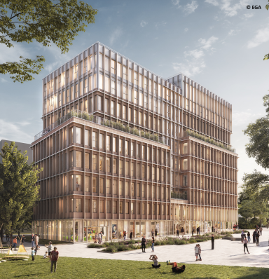 Bâtiment moderne en bois avec plusieurs étages, entouré d'un parc animé.