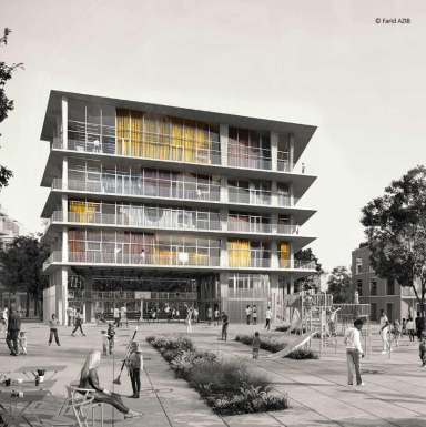 Vue d'une place urbaine avec des bâtiments modernes, des arbres et des personnes se promenant.