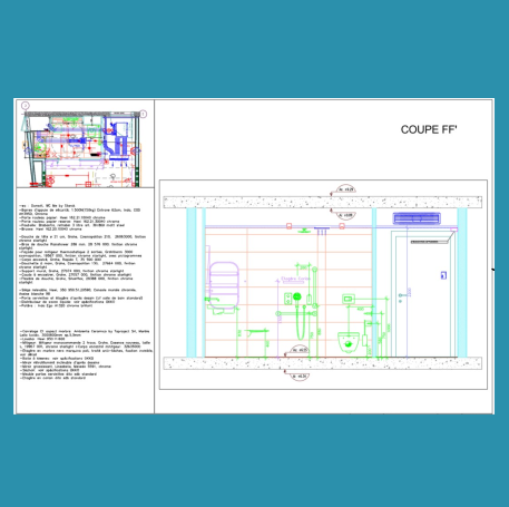 Plan architectural avec des annotations et des schémas colorés pour la présentation.