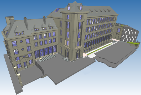 15-19 Avenue du Maine - 75015 PARIS Modèle 3D d'un bâtiment urbain avec plusieurs niveaux et fenêtres illuminées.
