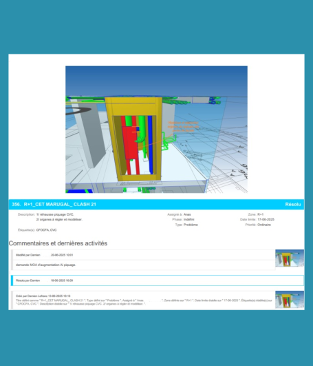 Représentation 3D d'un modèle avec diverses couleurs et mesures affichées.