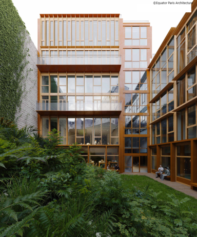 Bâtiment moderne avec architecture en bois et verre, entouré de verdure.