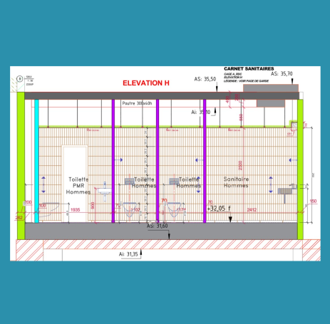 Plan architectural avec des élévations, sections et détails de structure.