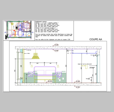 Plan architectural d'un espace avec des cotes et des annotations de détails.