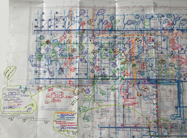 Plan complexe avec de nombreuses annotations colorées et schémas en surface.