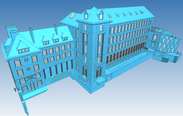 15-19 Avenue du Maine - 75015 PARIS Modèle 3D d'un bâtiment urbain avec plusieurs niveaux et fenêtres illuminées.