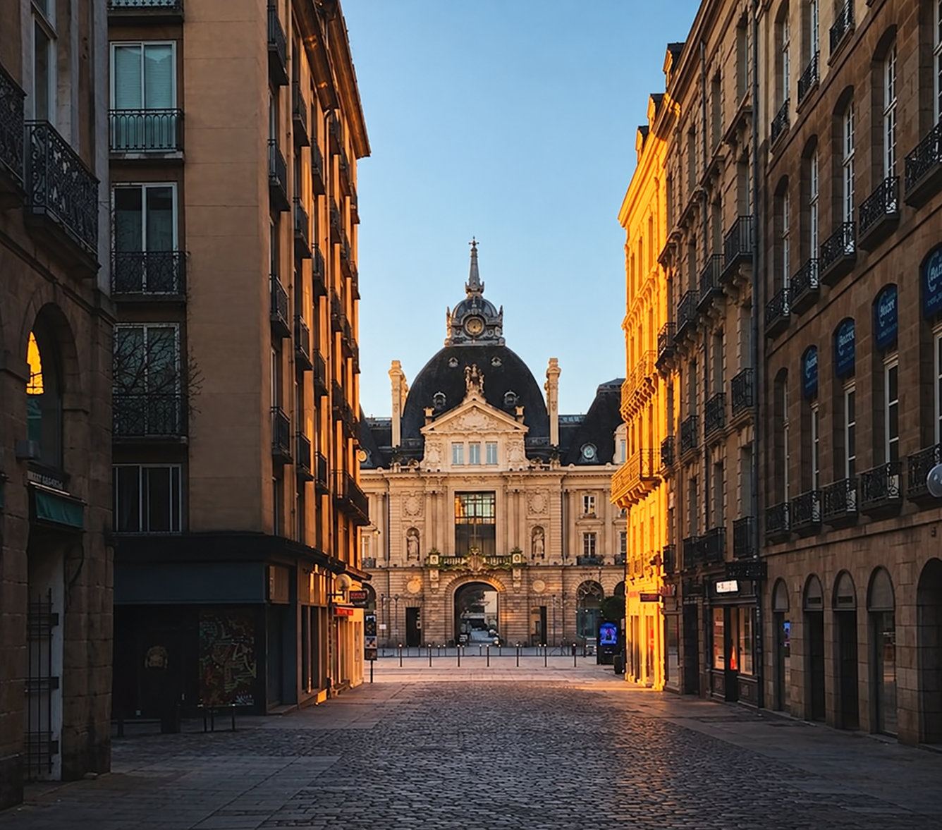 SYNING - SYNTHESE TECHNIQUE Rue pavée baignée de lumière dorée, bâtiment historique de Rennes à l'arrière-plan.