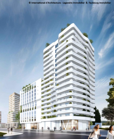 Immeuble moderne à plusieurs étages avec balcons, entouré d'espaces verts.