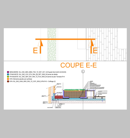 Coupe technique indiquant les sections et détails d'une construction avec légende couleur.