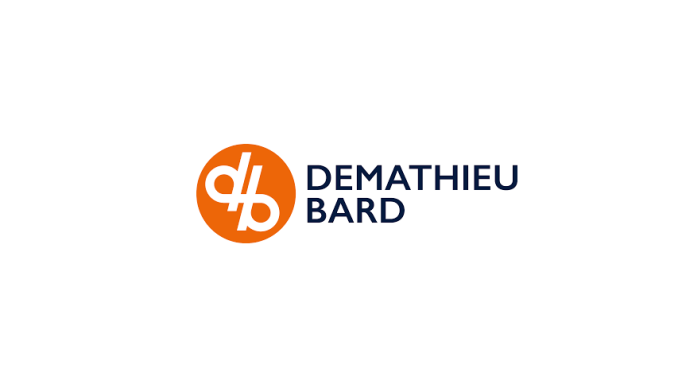 Logo de Demathieu Bard avec un symbole en orange et du texte en bleu.